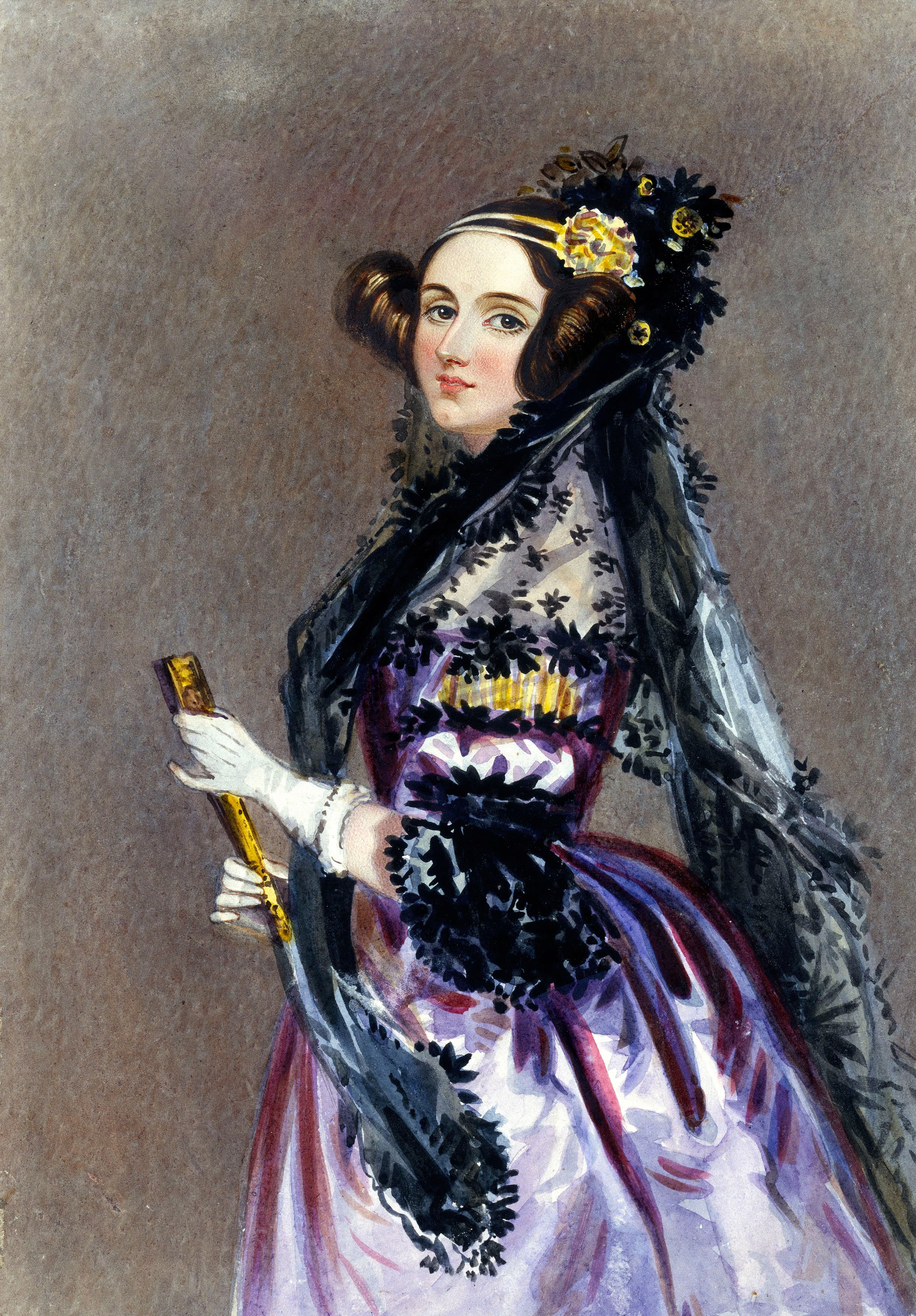 Watercolor portrait of Ada Lovelace in a purple dress and black lace mantilla.