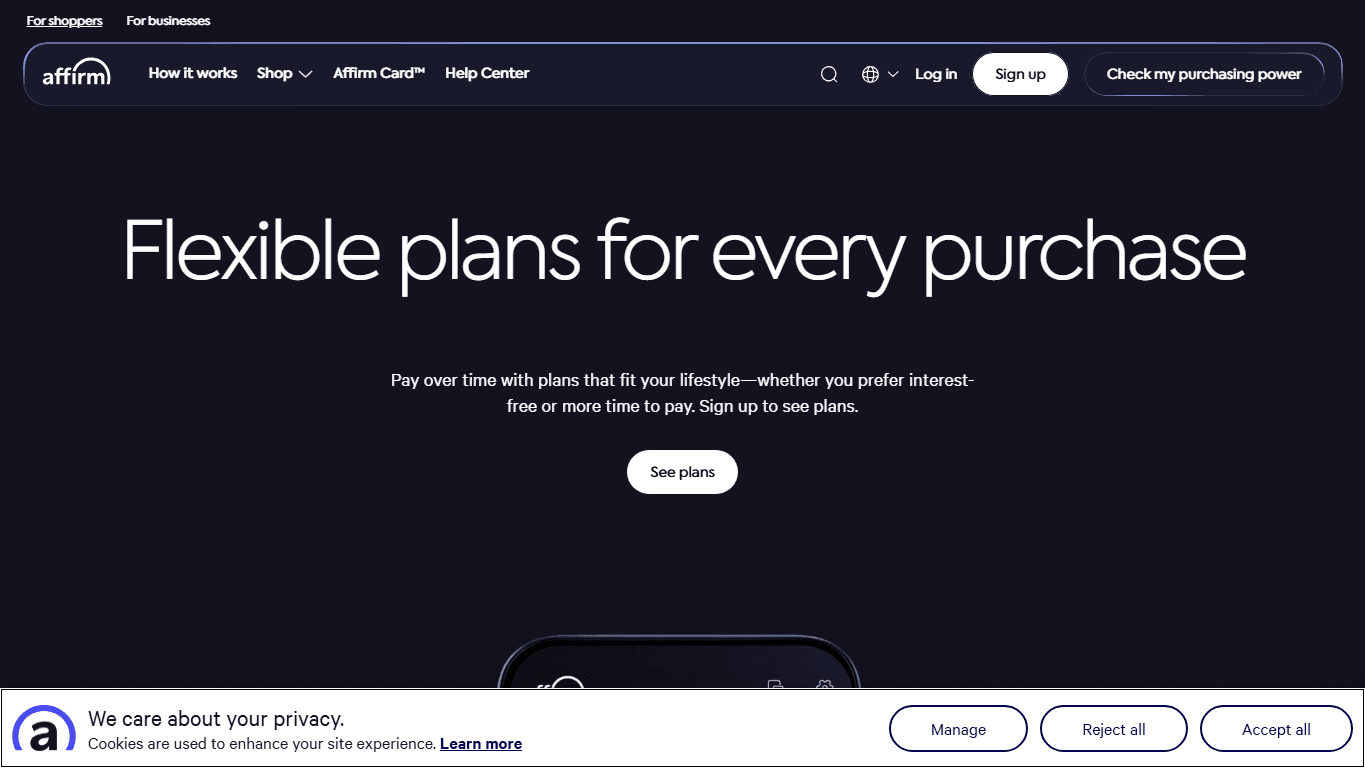 Affirm homepage screenshot showing buy now pay later shopping and flexible payment plan options