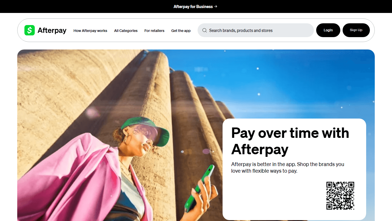 Afterpay homepage screenshot showing buy now pay later checkout and split payment shopping options