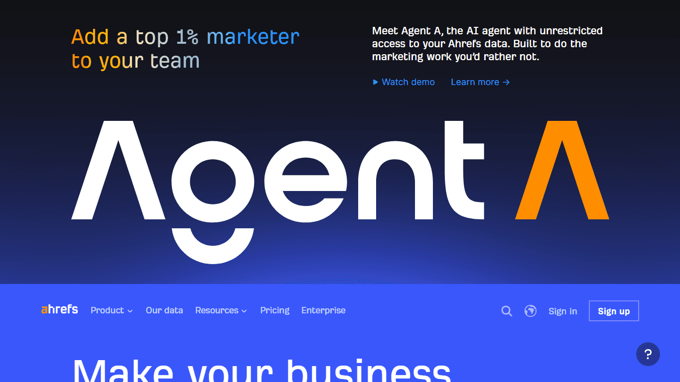 Ahrefs homepage screenshot showing SEO tools for backlink research, keyword analysis, and site audits