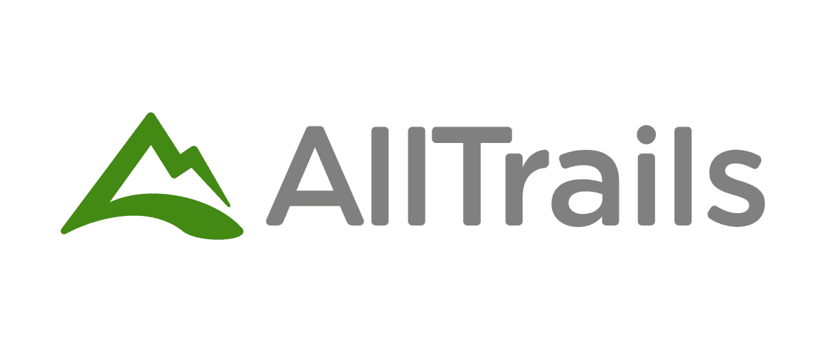 AllTrails wordmark logo with green mountain icon.