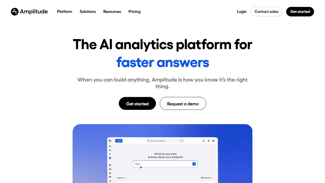 Amplitude homepage screenshot showing product analytics, customer behavior insights, and experimentation tools