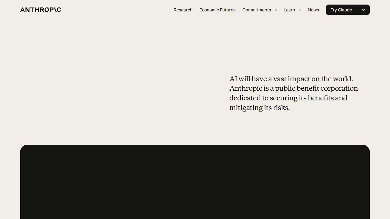 Anthropic homepage screenshot showing Claude AI, research, developer platform, and company information