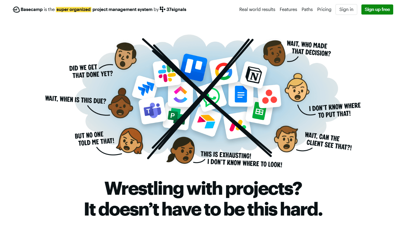 Basecamp homepage screenshot showing project management, team communication, to-dos, schedules, and files