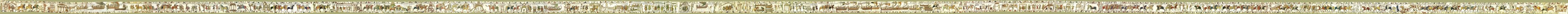 Panoramic view of the Bayeux Tapestry embroidery showing scenes from the Norman Conquest.