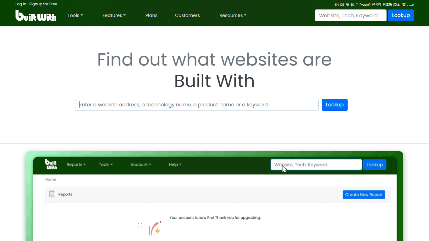 BuiltWith homepage screenshot of the official website interface