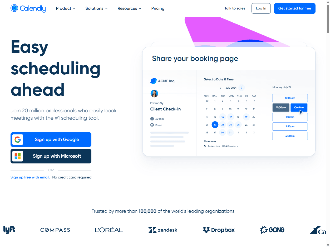 Calendly homepage screenshot showing scheduling automation messaging for booking meetings, routing leads, and coordinating calendar availability.