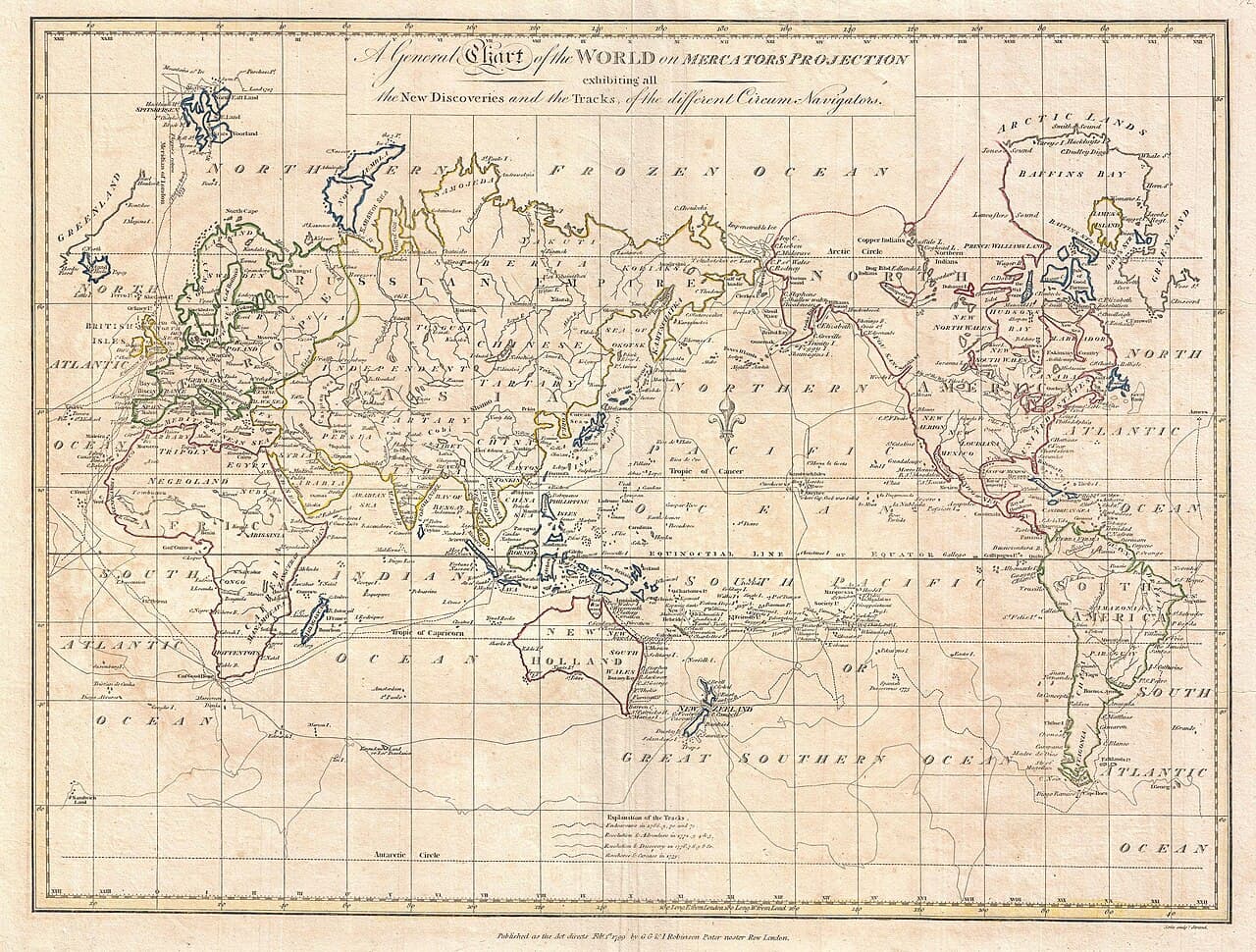 An eighteenth-century world map on Mercator's projection with coastlines, routes, and labels.