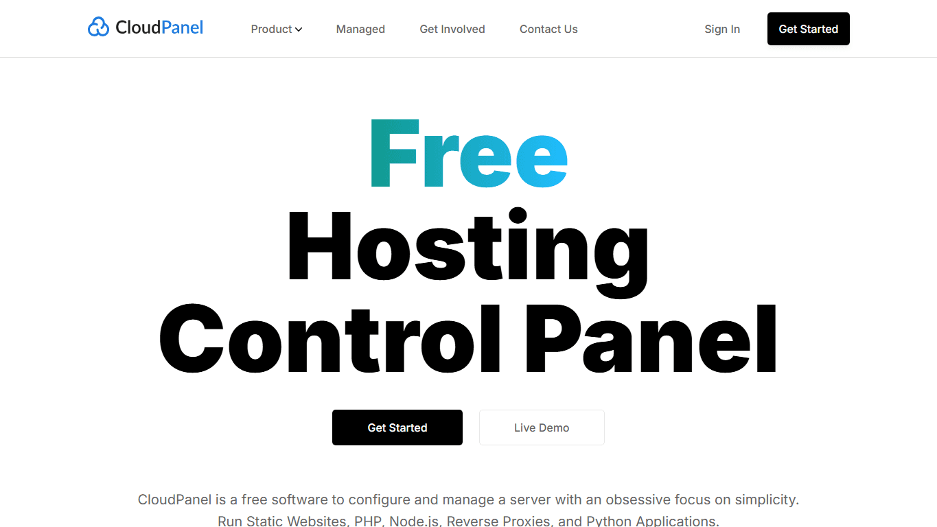 CloudPanel homepage screenshot of the official website interface