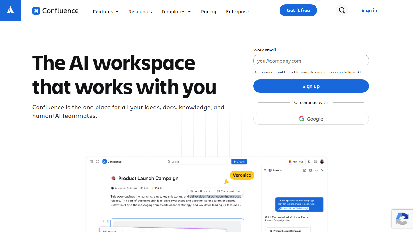 Confluence homepage screenshot of the official website interface