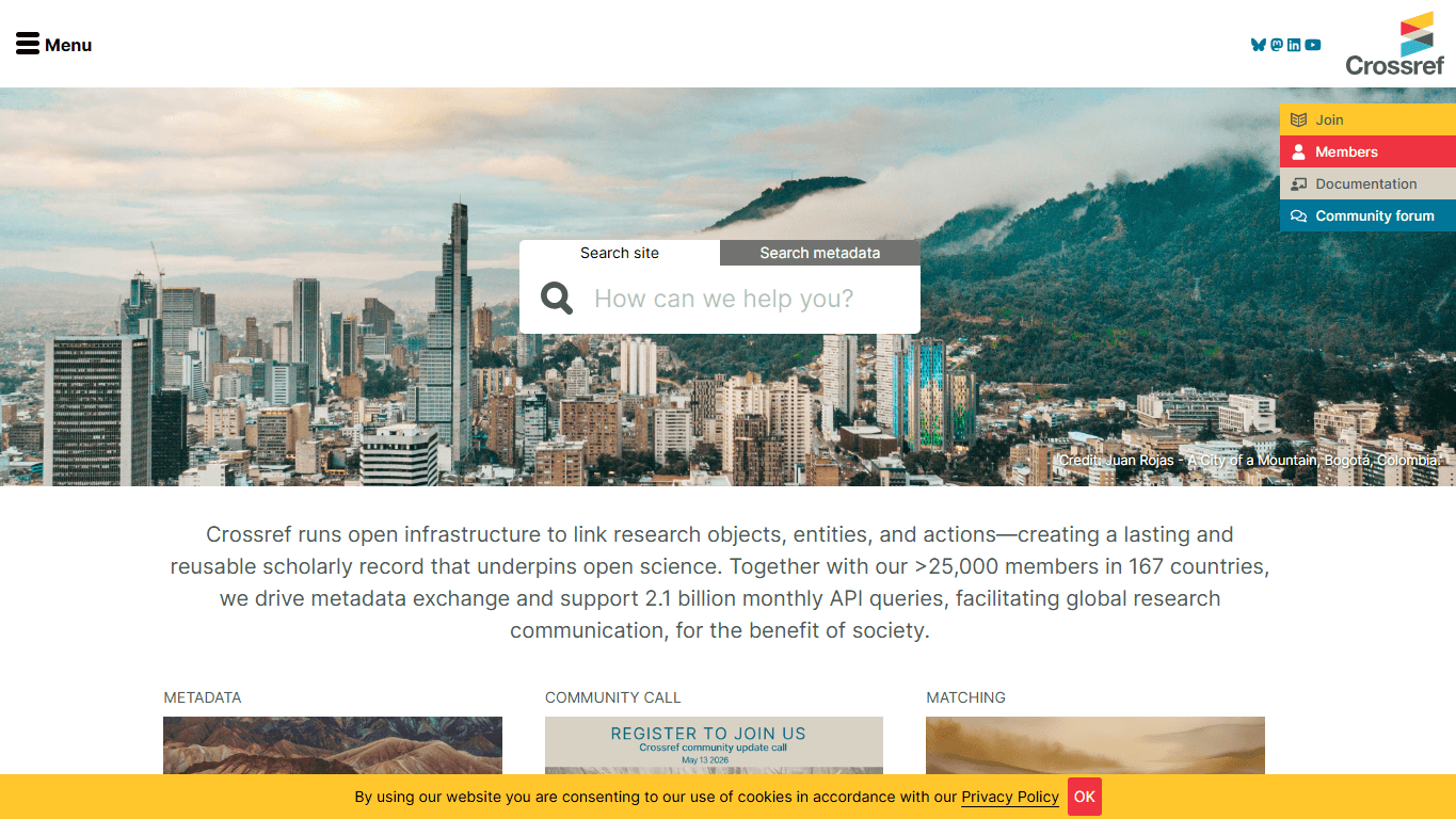 Crossref homepage screenshot of the official website interface