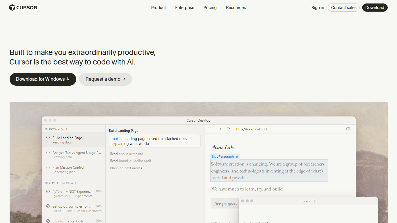 Cursor homepage screenshot of the official website interface