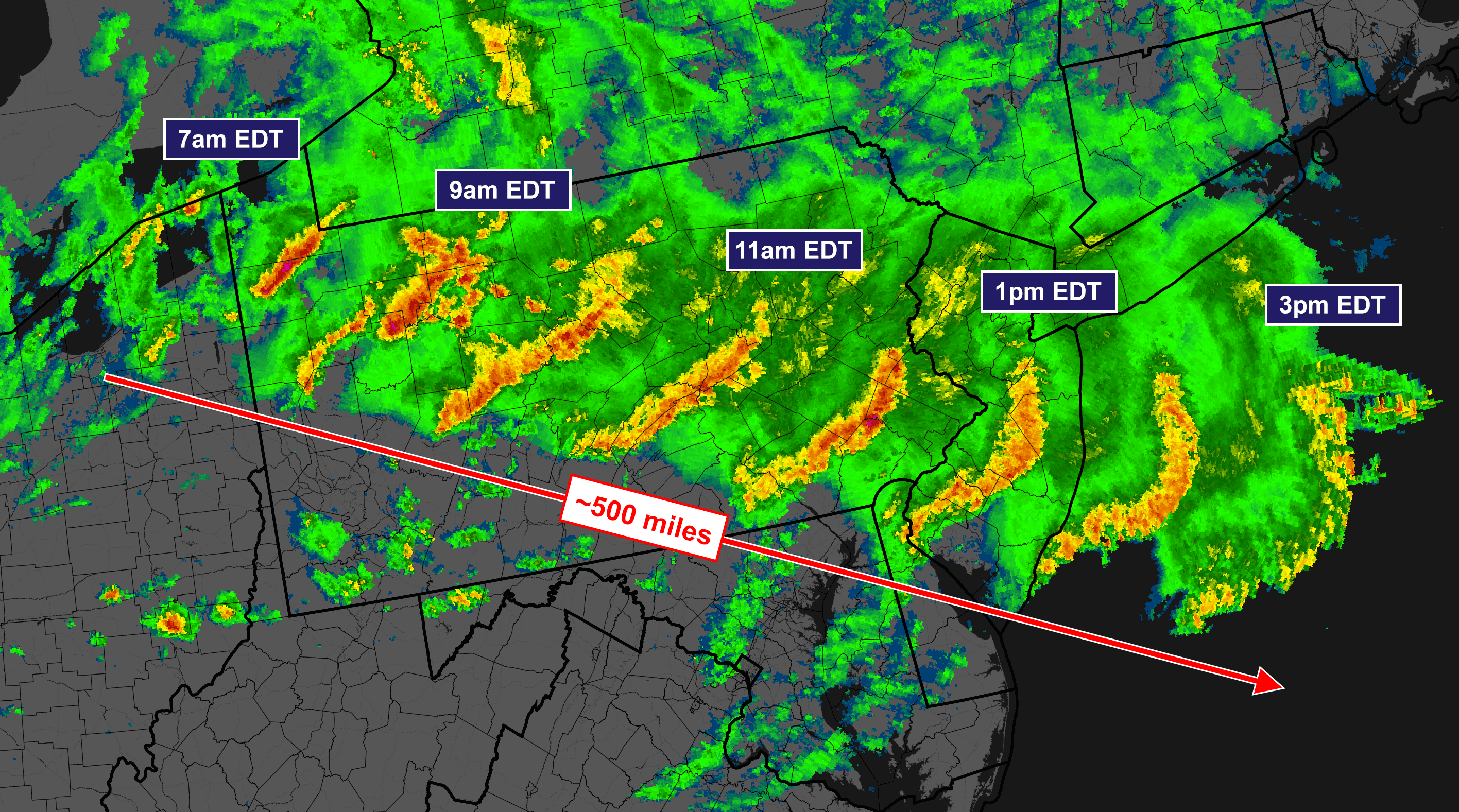 Radar composite image showing a derecho-producing line of thunderstorms across Pennsylvania and New Jersey in June 2020.