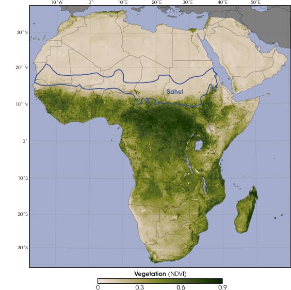NASA vegetation index map of Africa showing the Sahel as a transition zone south of the Sahara.