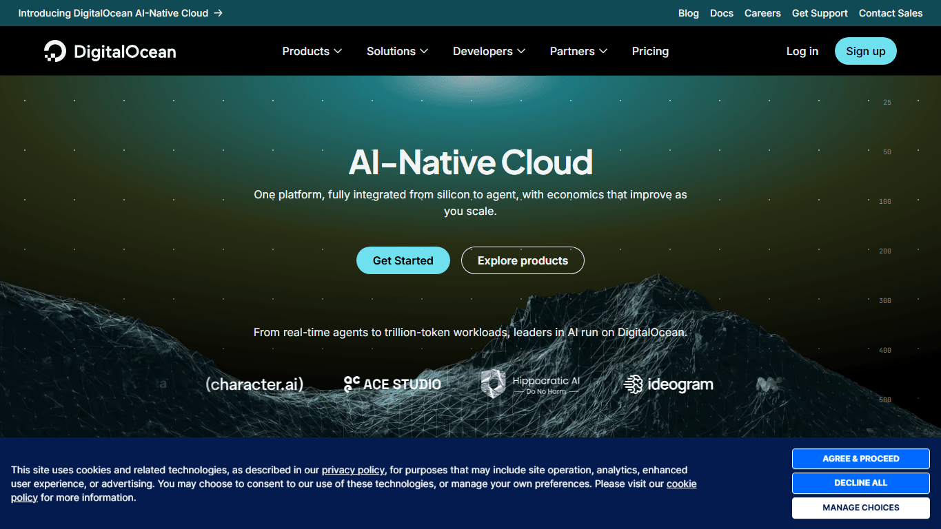DigitalOcean homepage screenshot of the official website interface