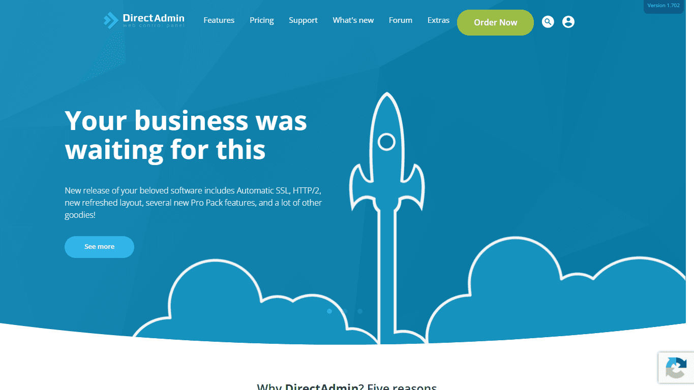 DirectAdmin homepage screenshot of the official website interface