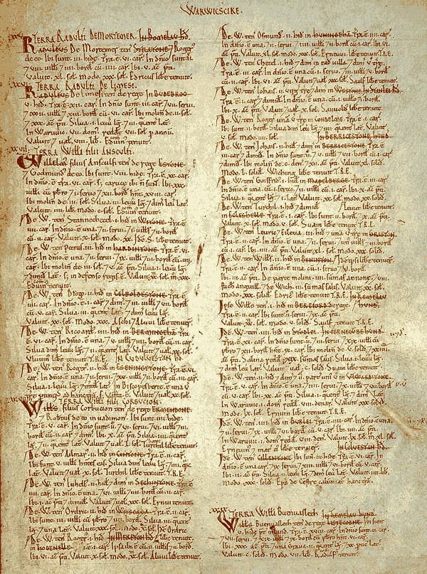 A manuscript page from Domesday Book with dense medieval Latin writing.
