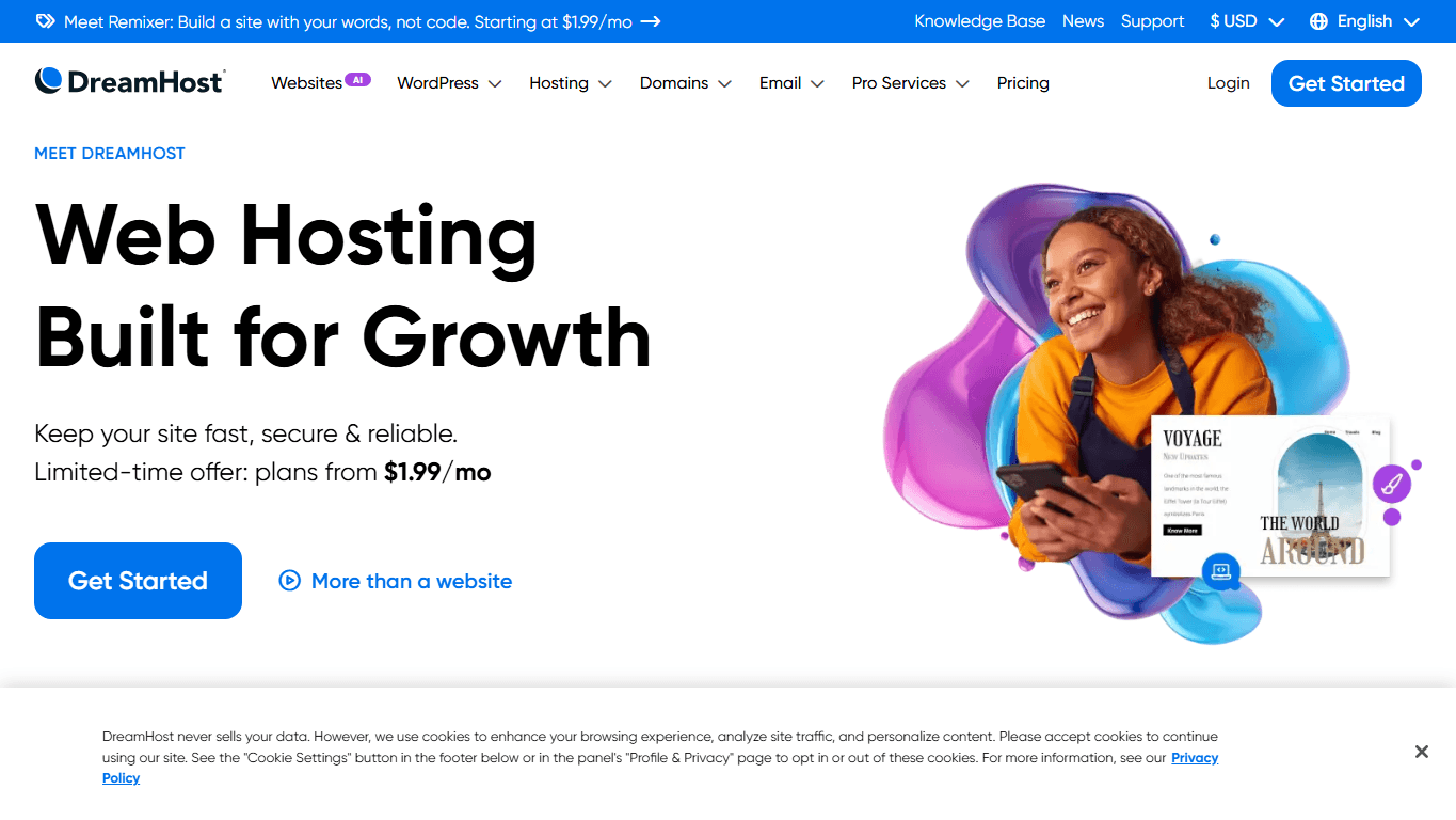DreamHost homepage screenshot of the official website interface