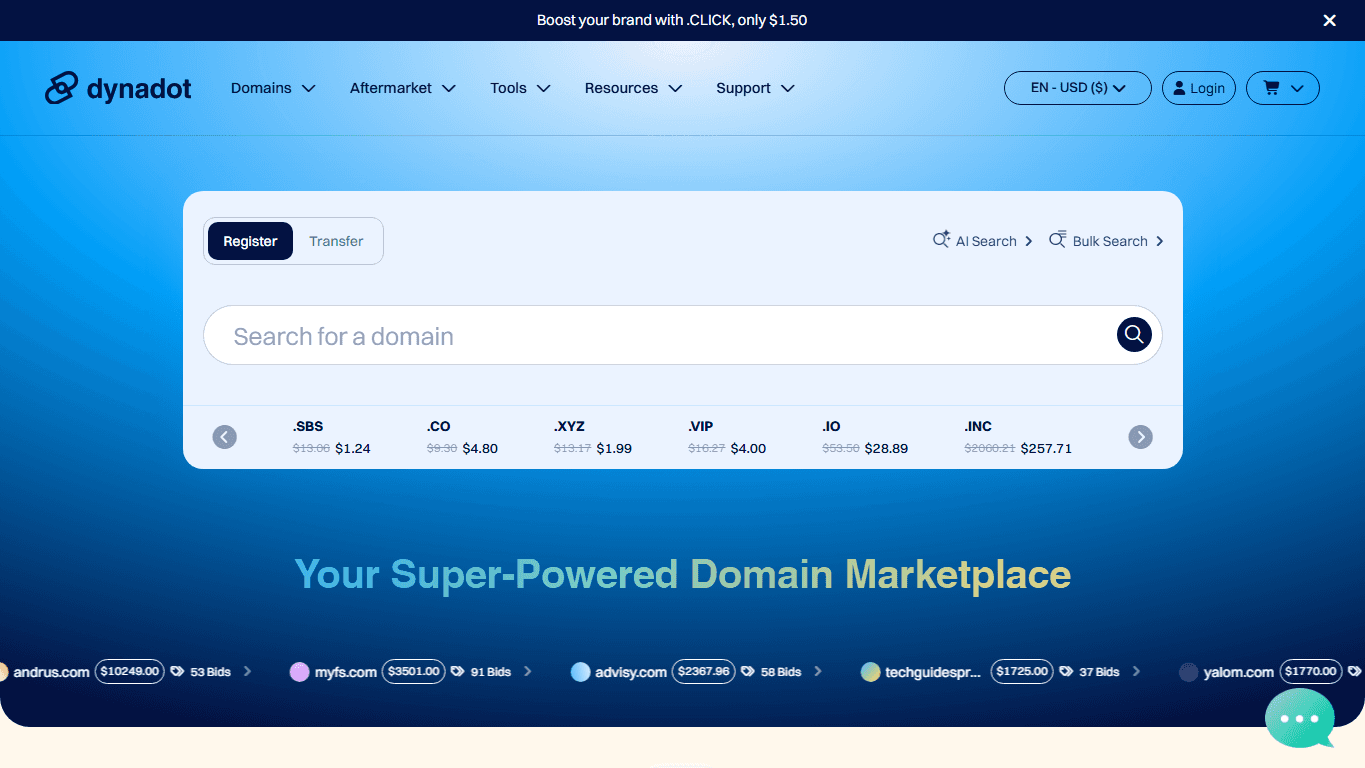 Dynadot homepage screenshot of the official website interface