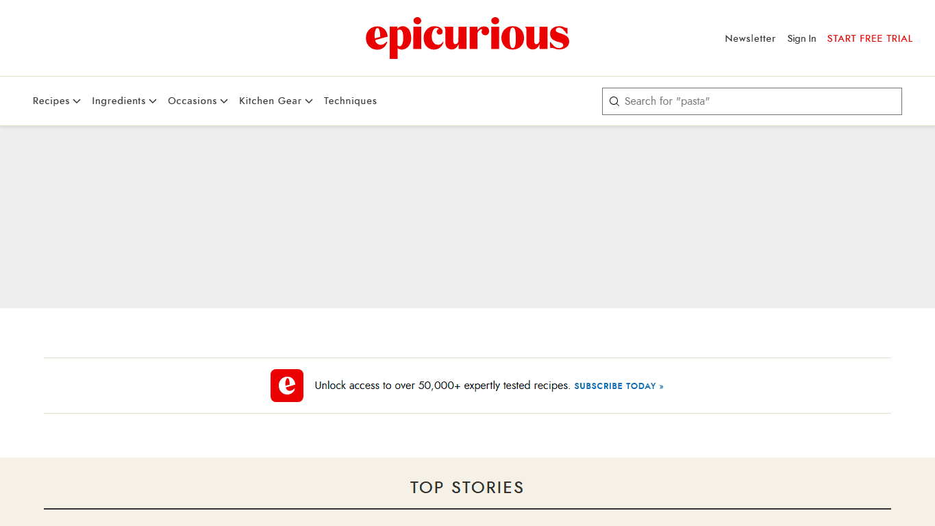 Epicurious homepage screenshot of the official website interface