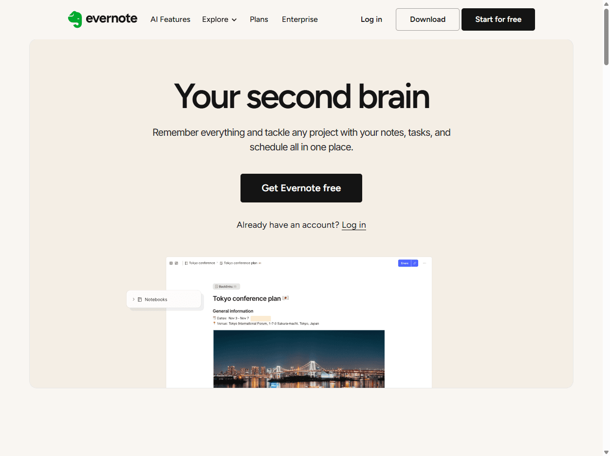 Evernote homepage screenshot showing a note-taking and organization app for notes, tasks, documents, search, and personal productivity.