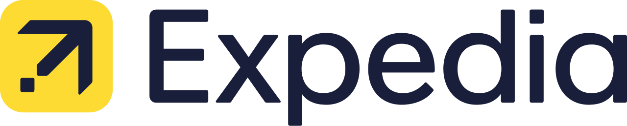 Expedia wordmark logo in dark blue with a yellow circular travel icon.