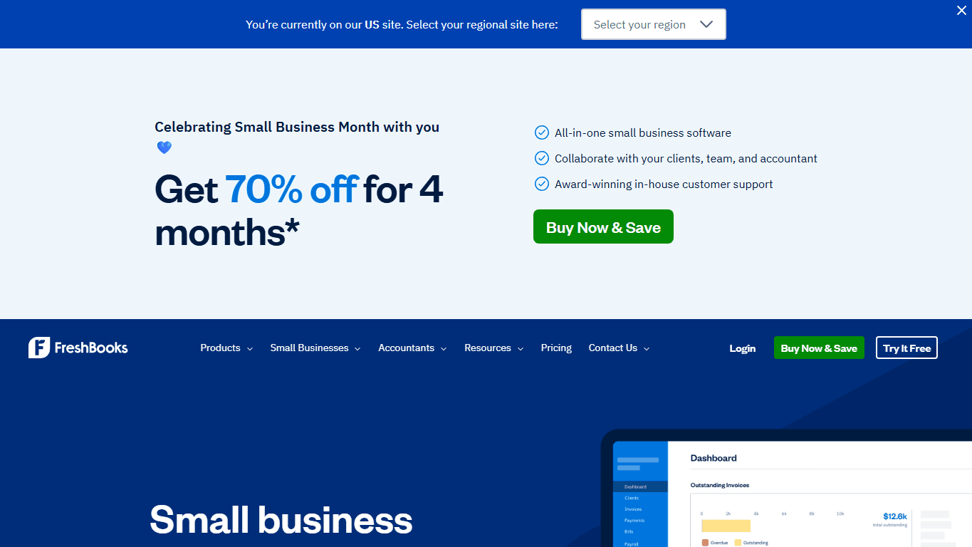 FreshBooks homepage screenshot of the official website interface