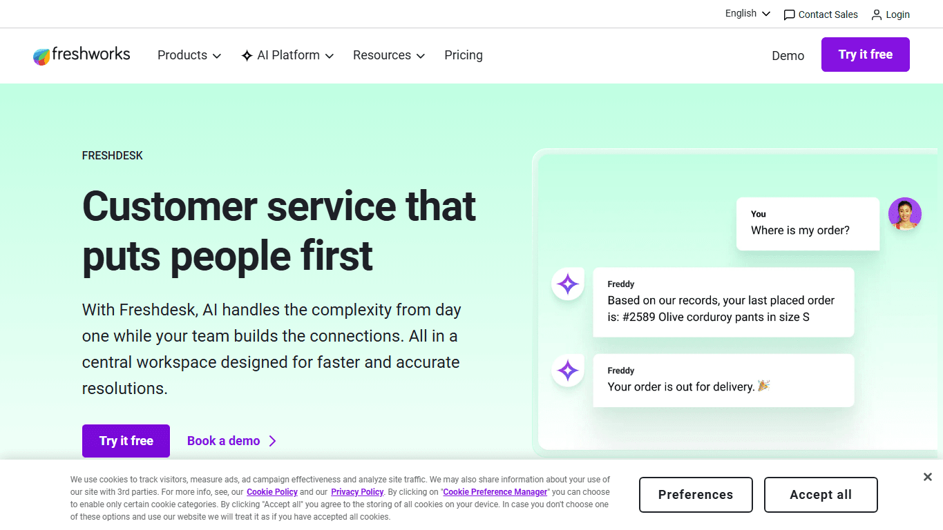 Freshdesk homepage screenshot of the official website interface