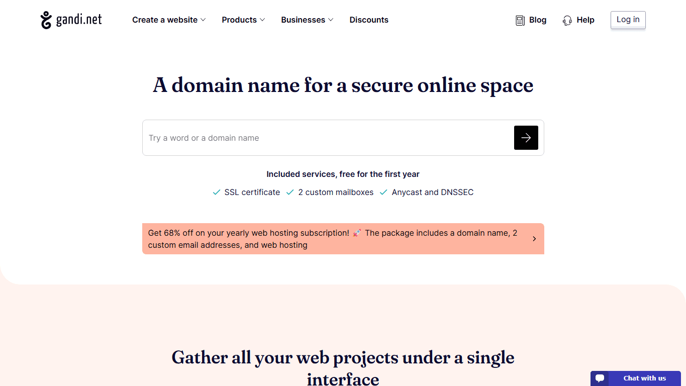 Gandi homepage screenshot of the official website interface