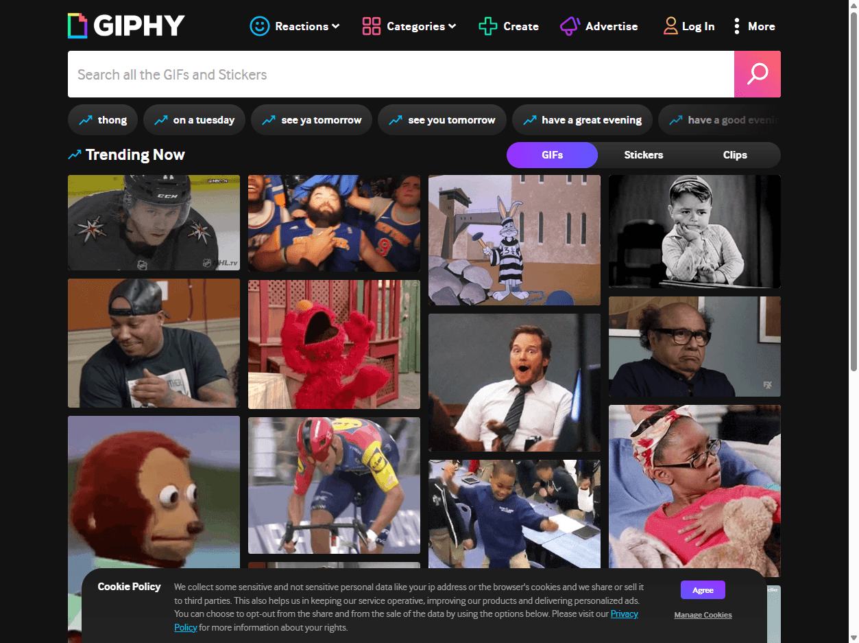 GIPHY homepage screenshot showing GIF search, animated stickers, trending clips, reaction images, and creator discovery.