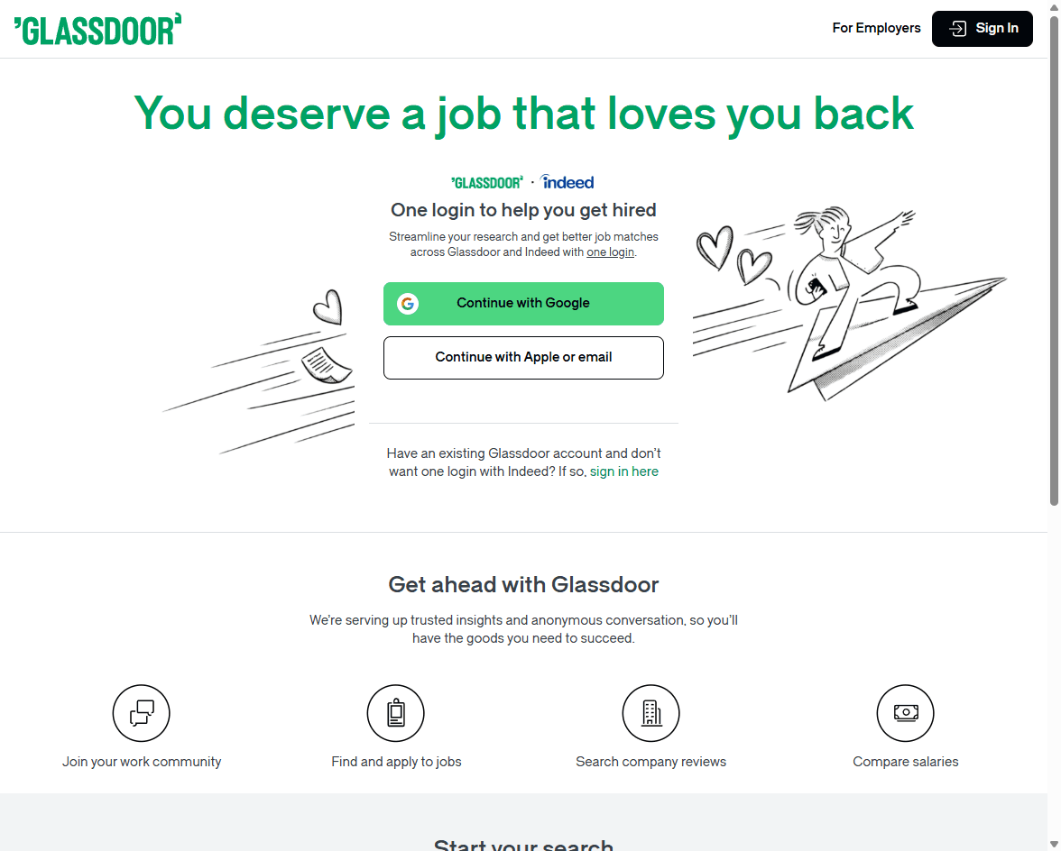 Glassdoor homepage screenshot showing job search, company review, and salary discovery tools.