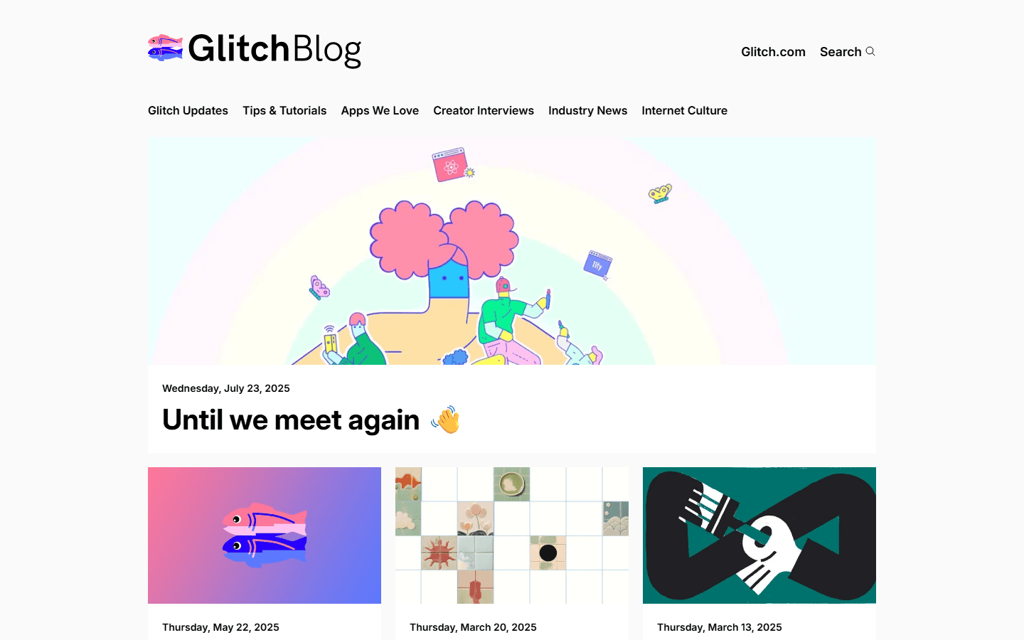 Glitch homepage screenshot showing the Glitch Blog logo, category navigation, and the July 2025 Until we meet again feature story.