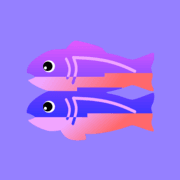 Glitch logo icon with two stylized fish on a purple background.