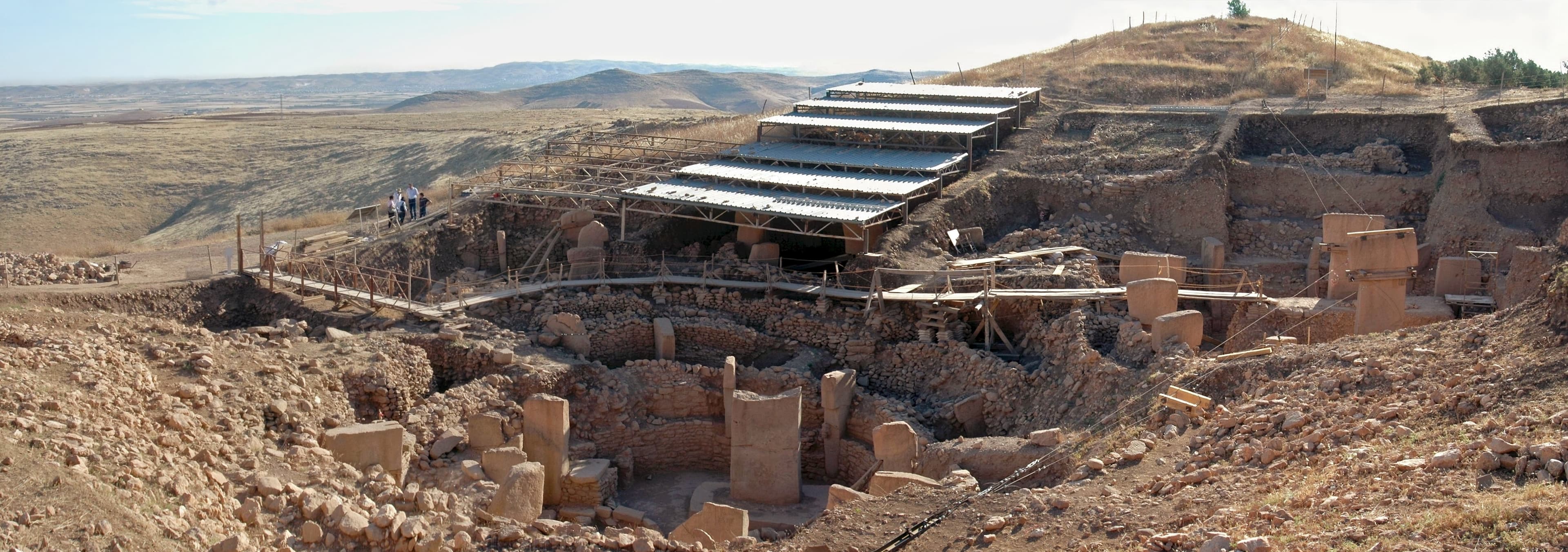 Panoramic view of the excavated Gรถbekli Tepe archaeological site.