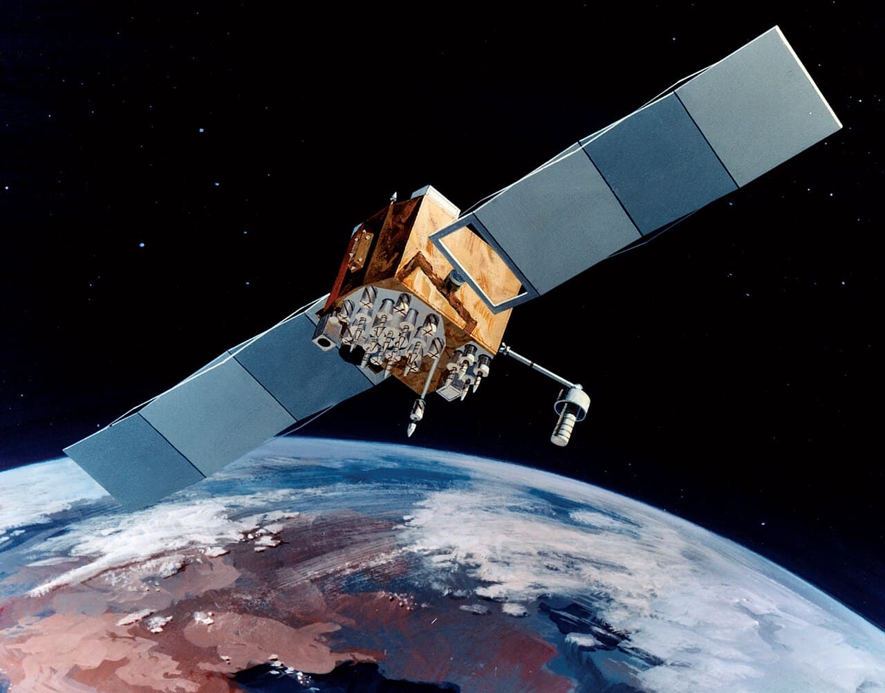 Artist illustration of a Navstar GPS satellite above Earth.