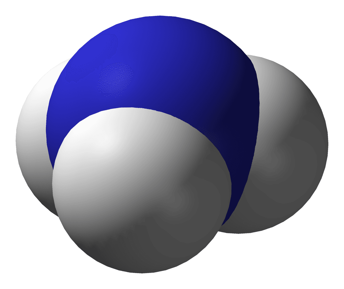 Space-filling molecular model of ammonia with one nitrogen atom and three hydrogen atoms