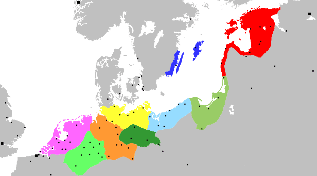 Map showing the extent of the Hanseatic League around 1400, including Baltic and North Sea trading cities.