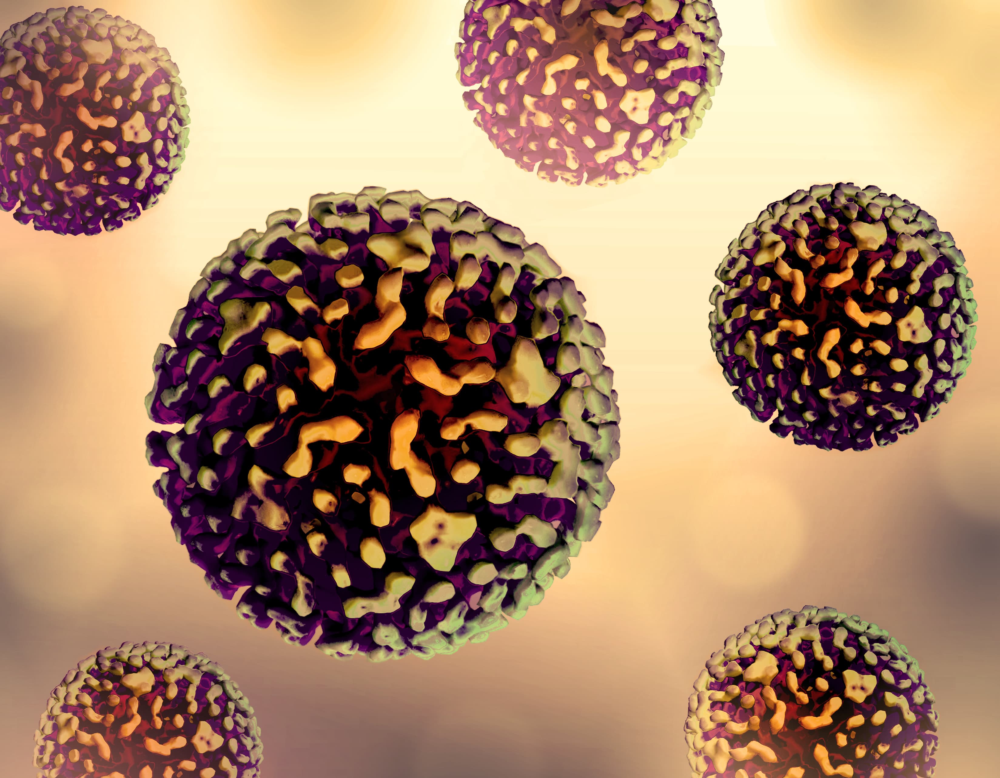 Illustration-style image showing hepatitis B virus particles.