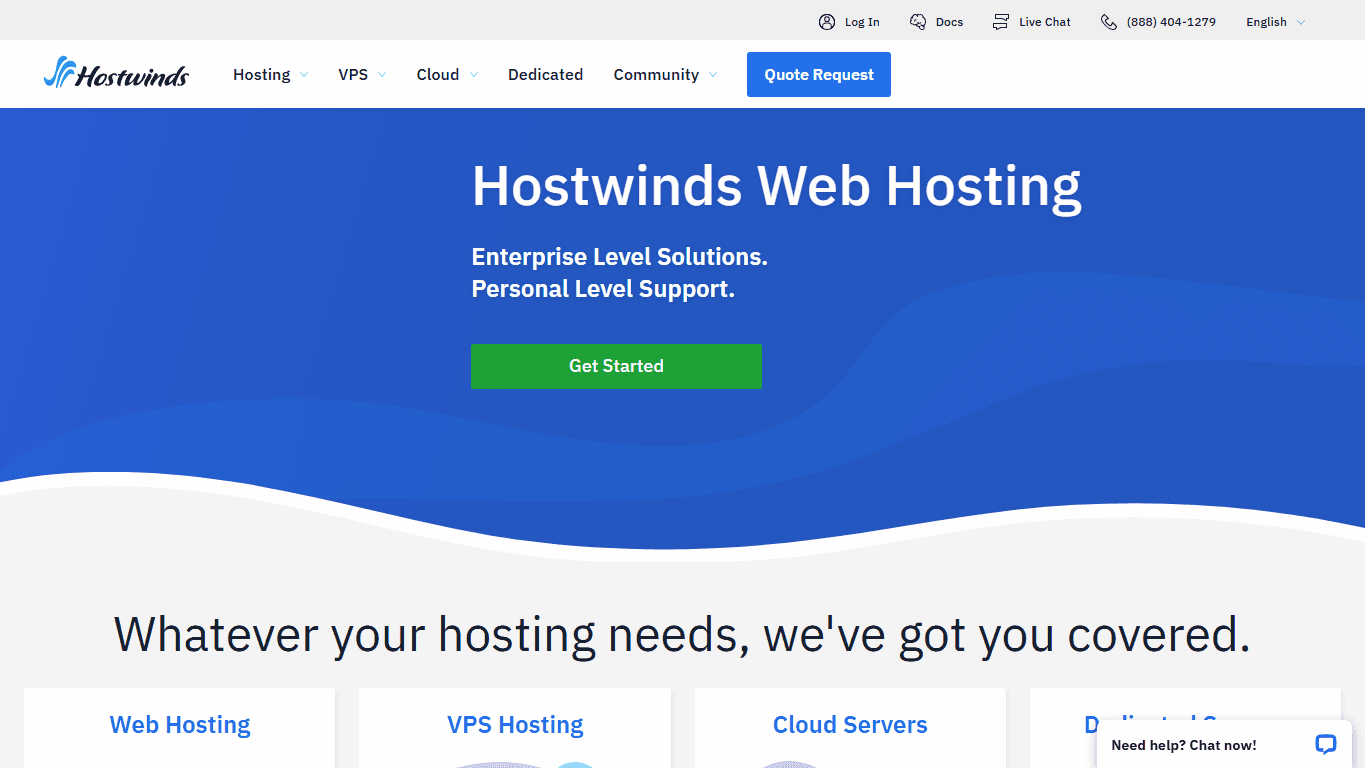 Hostwinds homepage screenshot of the official website interface