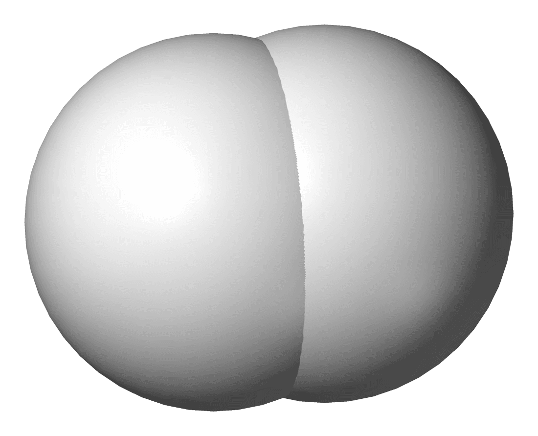 A space-filling model of a dihydrogen molecule made of two hydrogen atoms.