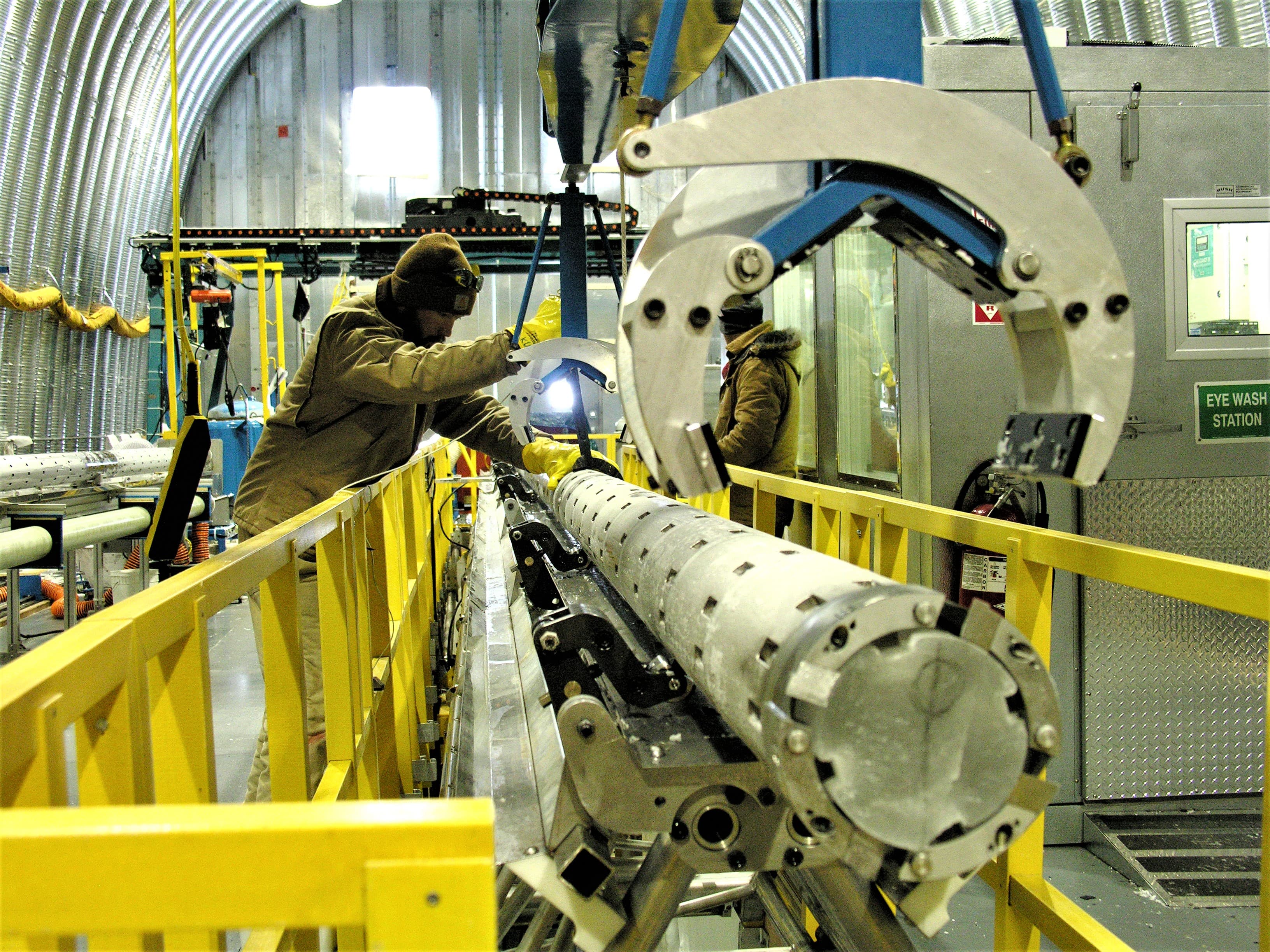 An ice core drill used to recover deep cylinders of Antarctic ice.