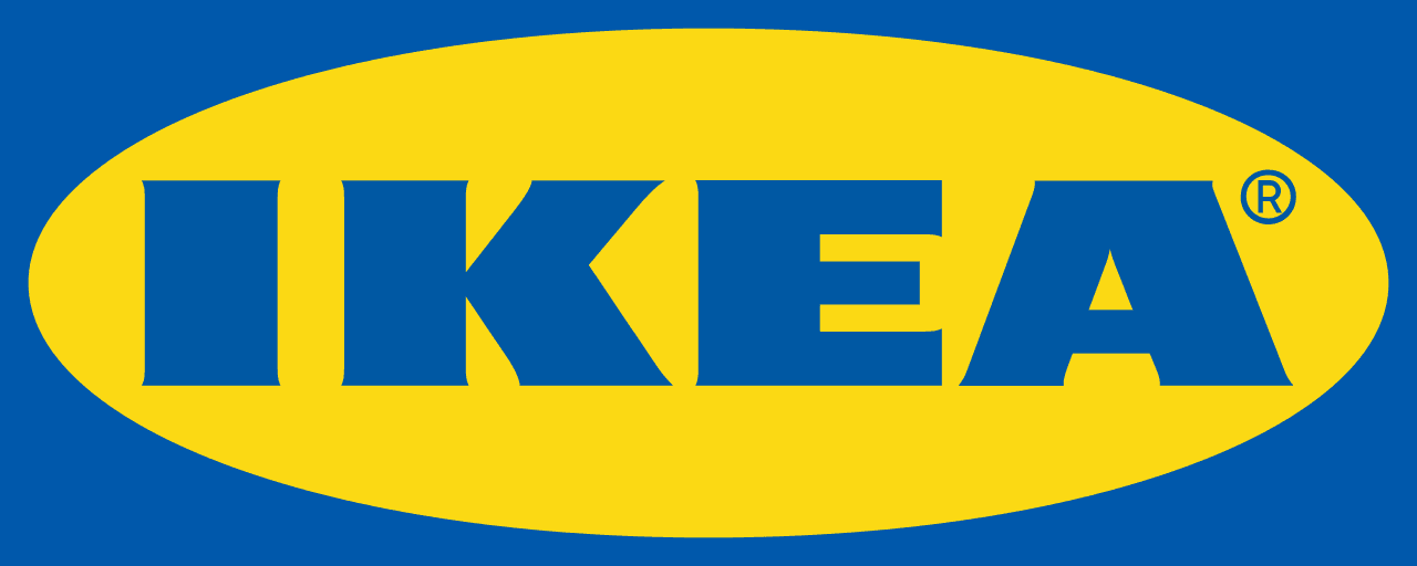 IKEA logo with blue wordmark inside a yellow oval and blue rectangle.