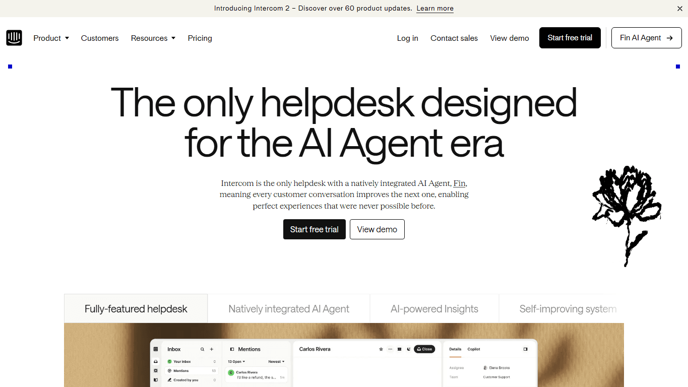 Intercom homepage screenshot of the official website interface