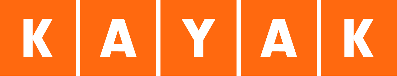 KAYAK wordmark logo in orange block letters.
