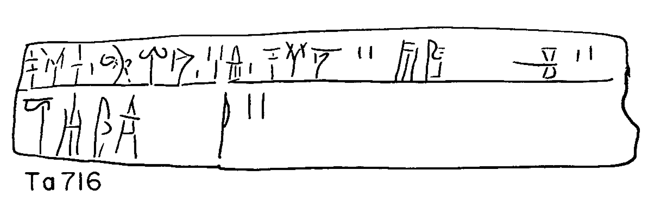A drawing of Linear B tablet PY Ta 716 with rows of Mycenaean Greek signs.