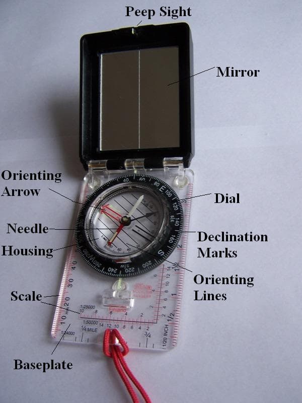 A handheld magnetic compass with a needle and direction markings.