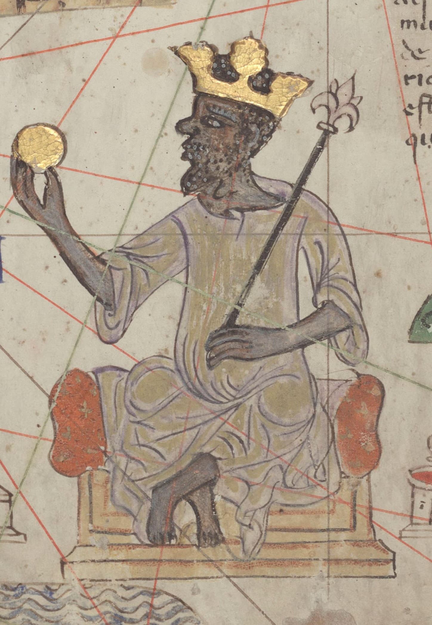 Detail from the Catalan Atlas showing Mansa Musa seated with gold in his hand
