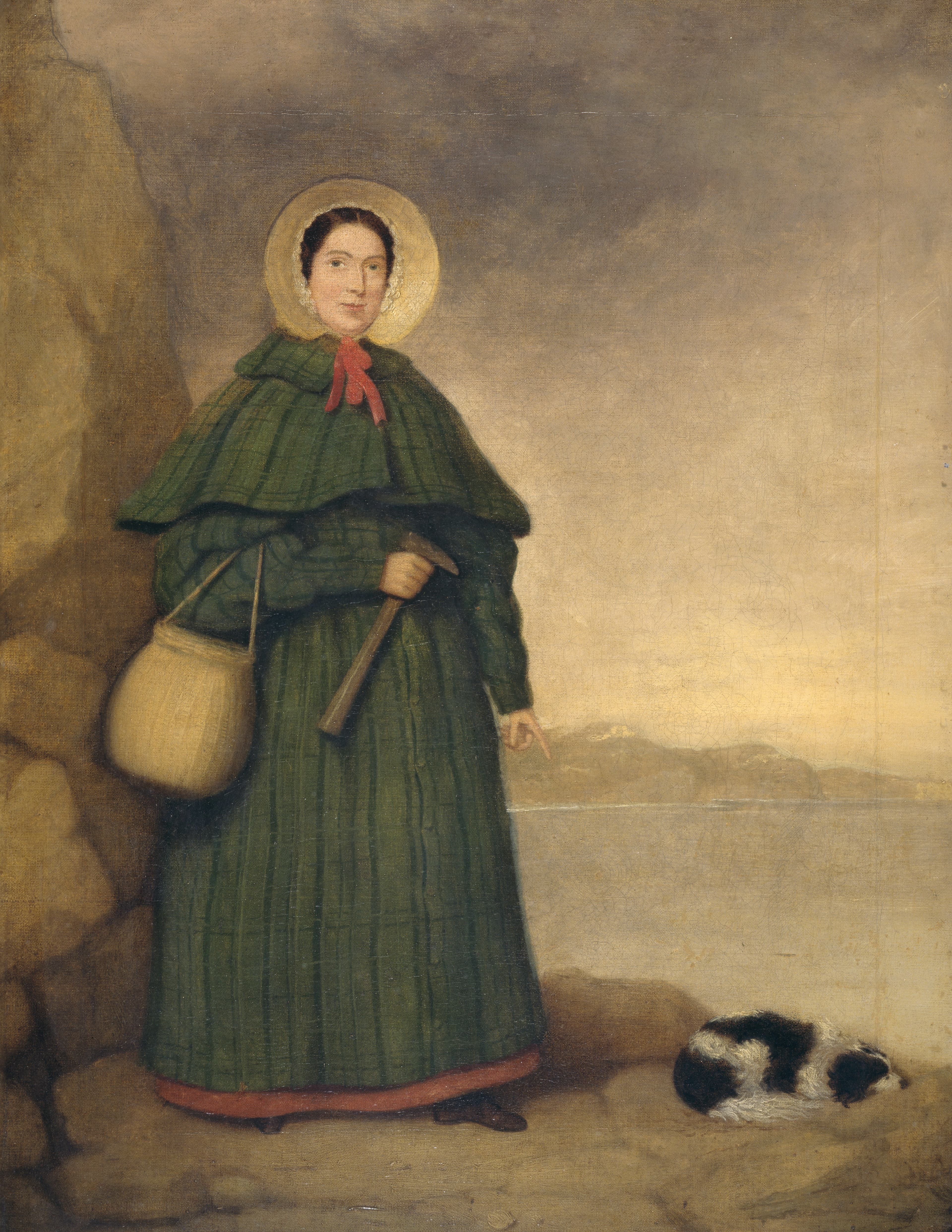 Painted portrait of Mary Anning with her dog Tray and the Golden Cap cliffs behind her.