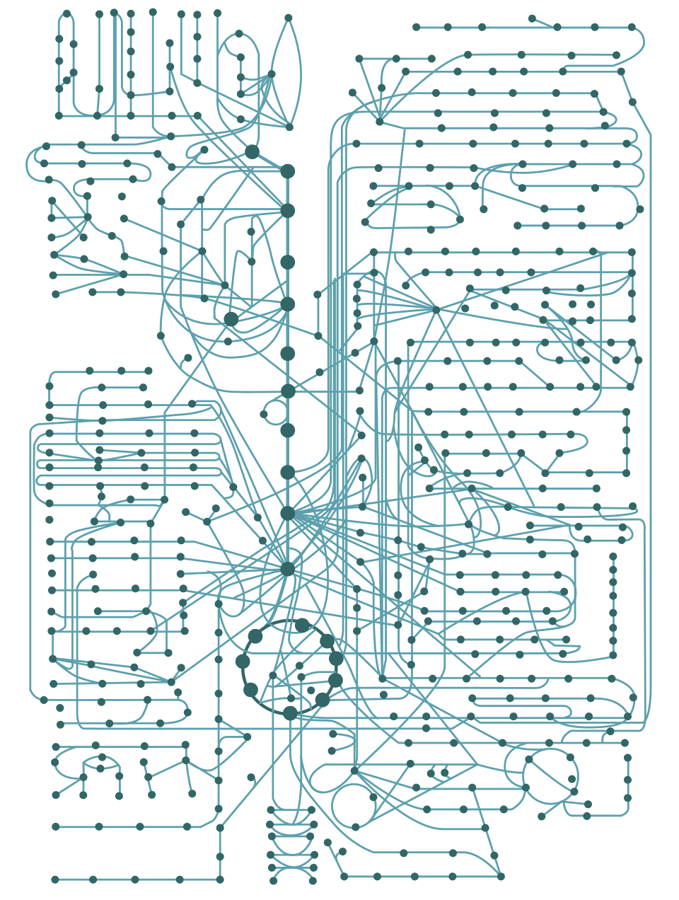 Diagram of cellular metabolism showing connected reaction nodes and highlighted pathways for glycolysis and the Krebs cycle.