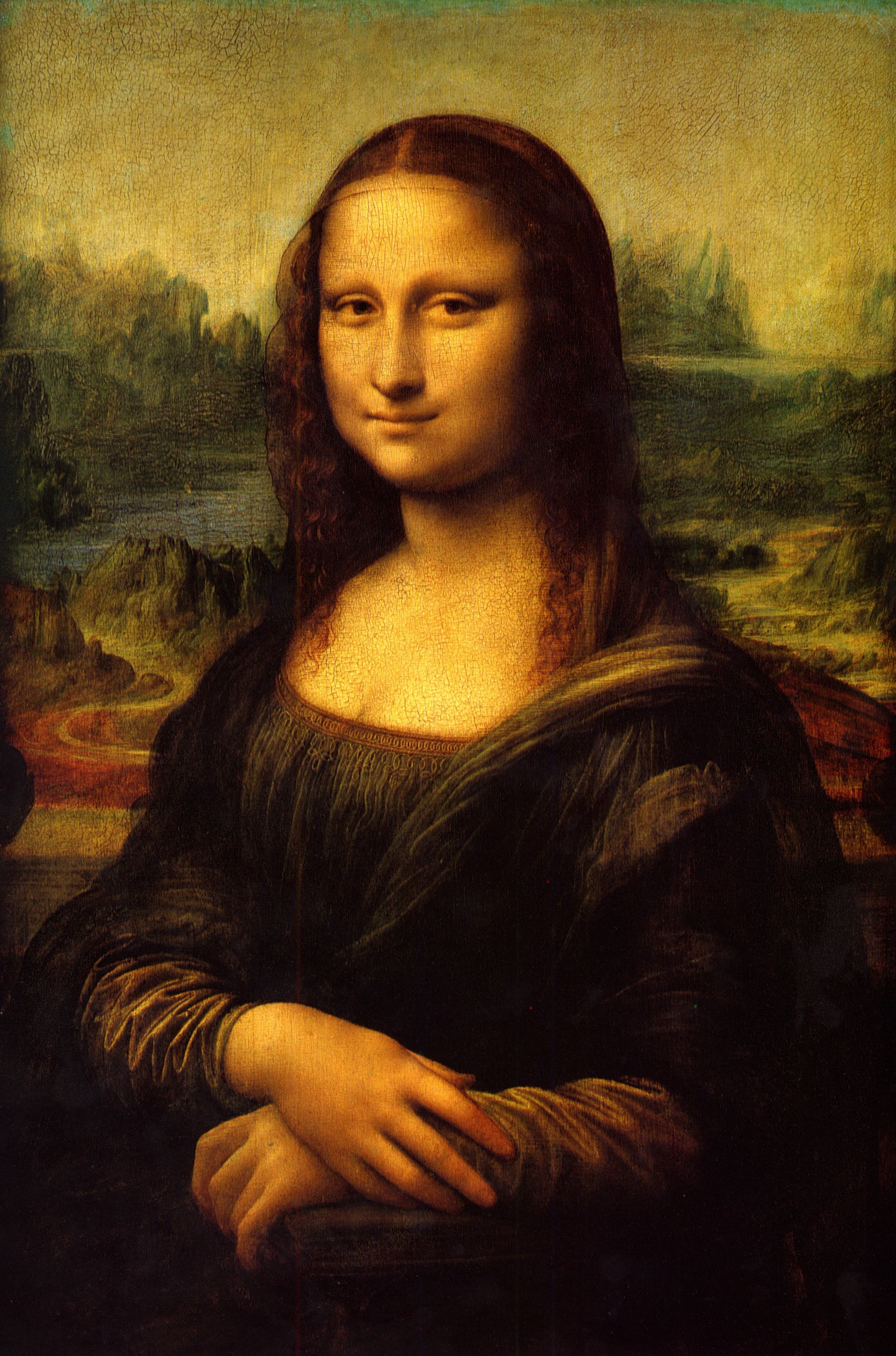 Potret Mona Lisa karya Leonardo da Vinci, memperlihatkan seorang wanita duduk dengan tangan terlipat dan pemandangan di kejauhan.